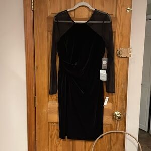 Black velvet mesh long sleeve holiday dress. Gathered waist one side.